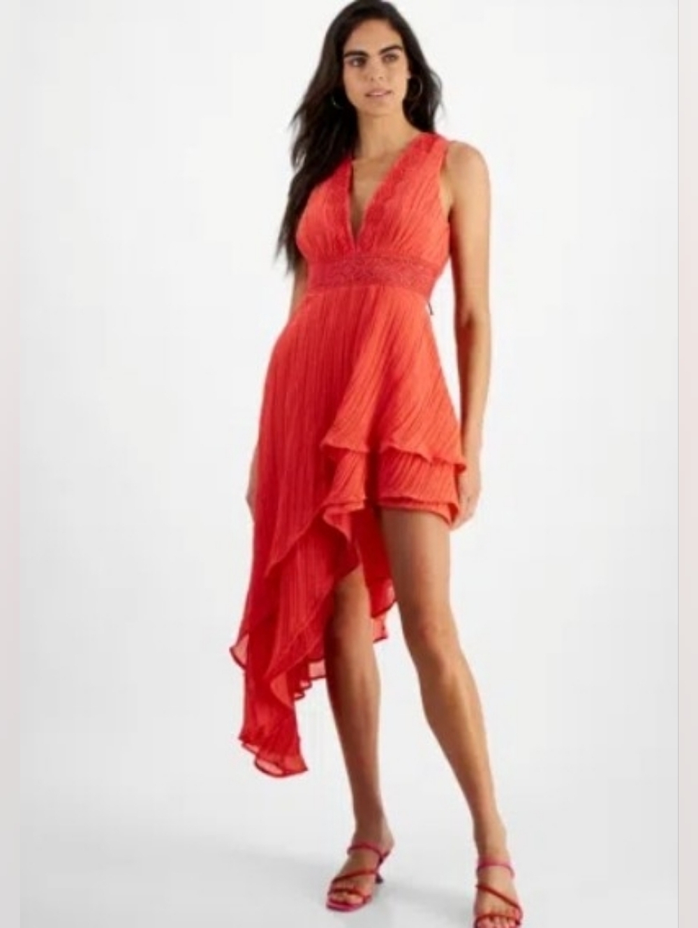 Guess- Coral-Red High-Low Pleated V-Neck Dress